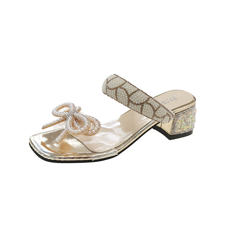 Women's Bow Accent Clear Strap Block Heel Sandals