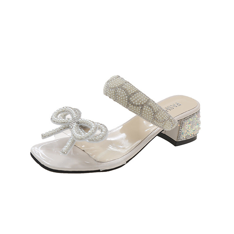 Women's Bow Accent Clear Strap Block Heel Sandals